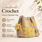 Handmade Flower Crochet Bucket Bag, Bohemian Drawstring Shoulder Purse
