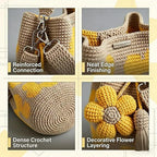 Handmade Flower Crochet Bucket Bag, Bohemian Drawstring Shoulder Purse