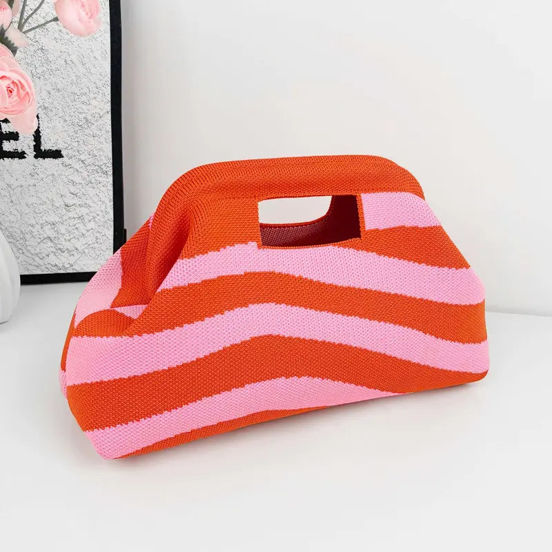 Striped Woven Clutch Bag for Women-Beach Handbag