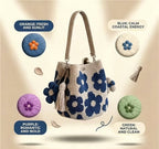 Handmade Flower Crochet Bucket Bag, Bohemian Drawstring Shoulder Purse
