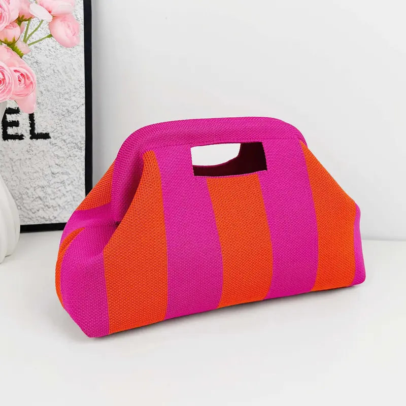 Striped Woven Clutch Bag for Women-Beach Handbag