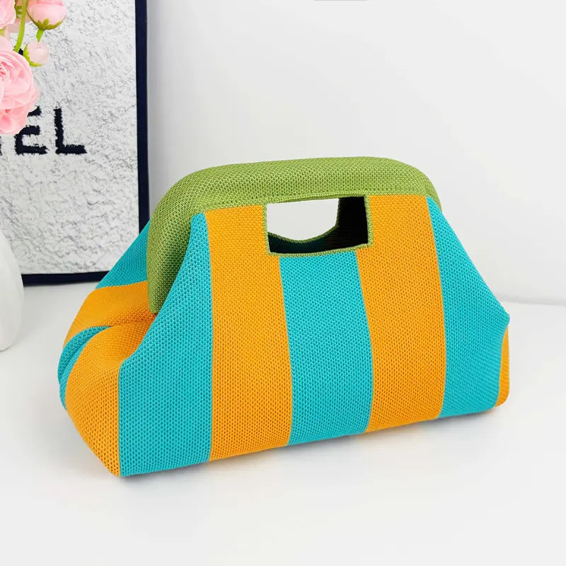 Striped Woven Clutch Bag for Women-Beach Handbag