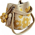 Handmade Flower Crochet Bucket Bag, Bohemian Drawstring Shoulder Purse