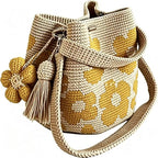 Handmade Flower Crochet Bucket Bag, Bohemian Drawstring Shoulder Purse