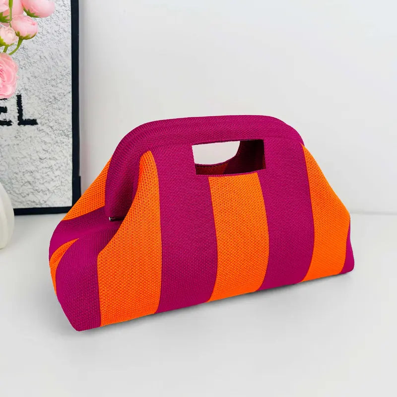 Striped Woven Clutch Bag for Women-Beach Handbag