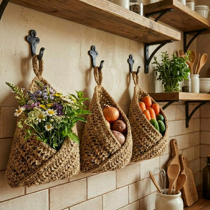 Boho Crochet Wall Hanging Basket, Kitchen Fruit Vegetable Storage Bag, Wall Mount Produce Organizer, Decorative Hanging Mesh Pouch, Cute Home Decor, Kitchen Gadgets, Housewarming Gifts