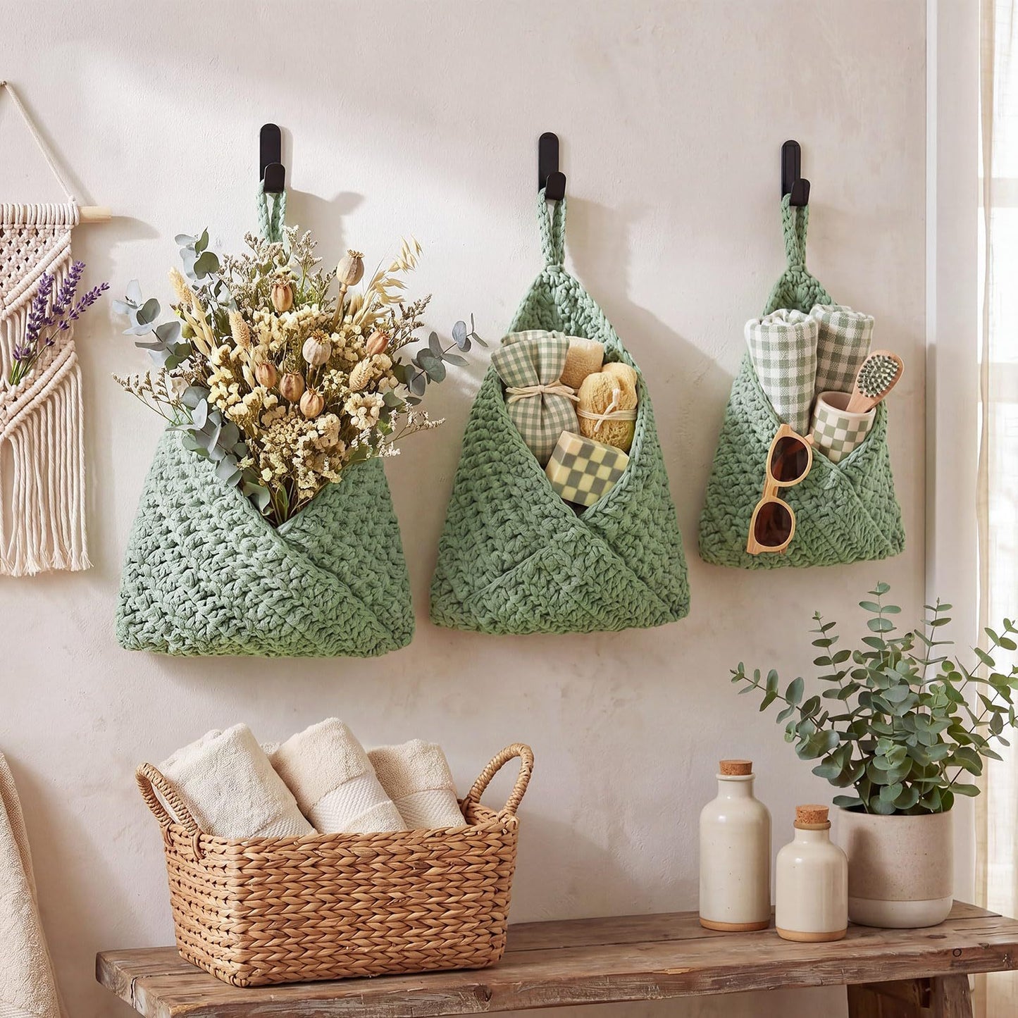 Boho Crochet Wall Hanging Basket, Kitchen Fruit Vegetable Storage Bag, Wall Mount Produce Organizer, Decorative Hanging Mesh Pouch, Cute Home Decor, Kitchen Gadgets, Housewarming Gifts