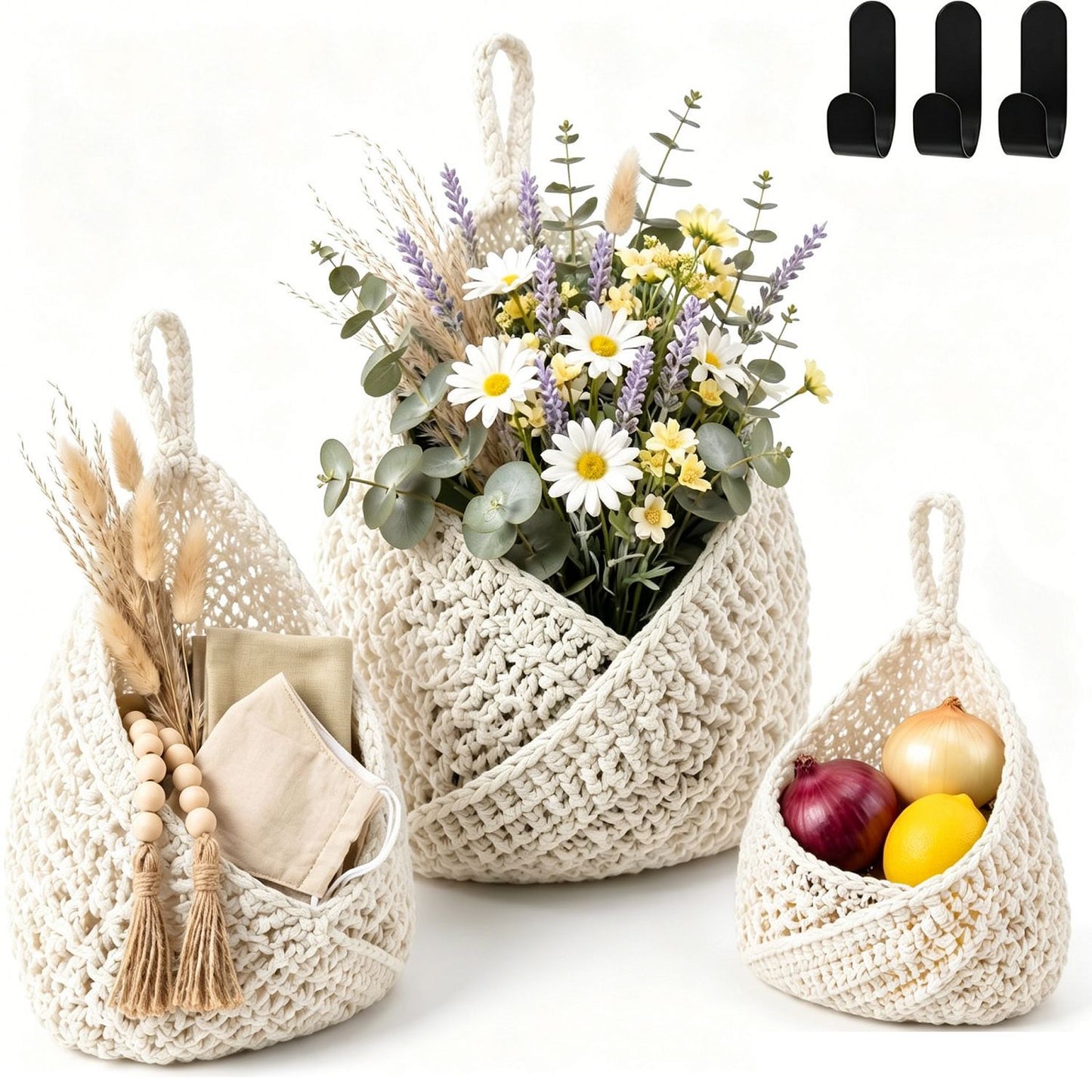 Boho Crochet Wall Hanging Basket, Kitchen Fruit Vegetable Storage Bag, Wall Mount Produce Organizer, Decorative Hanging Mesh Pouch, Cute Home Decor, Kitchen Gadgets, Housewarming Gifts