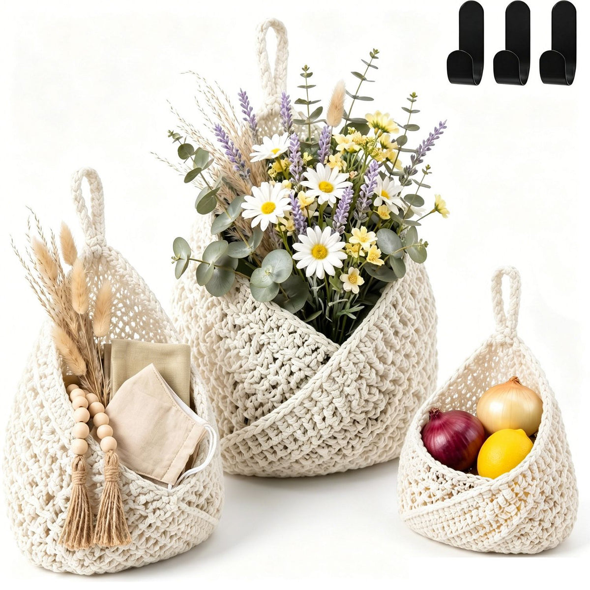 Boho Crochet Wall Hanging Basket, Kitchen Fruit Vegetable Storage Bag, Wall Mount Produce Organizer, Decorative Hanging Mesh Pouch, Cute Home Decor, Kitchen Gadgets, Housewarming Gifts