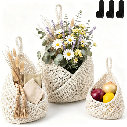 Boho Crochet Wall Hanging Basket, Kitchen Fruit Vegetable Storage Bag, Wall Mount Produce Organizer, Decorative Hanging Mesh Pouch, Cute Home Decor, Kitchen Gadgets, Housewarming Gifts