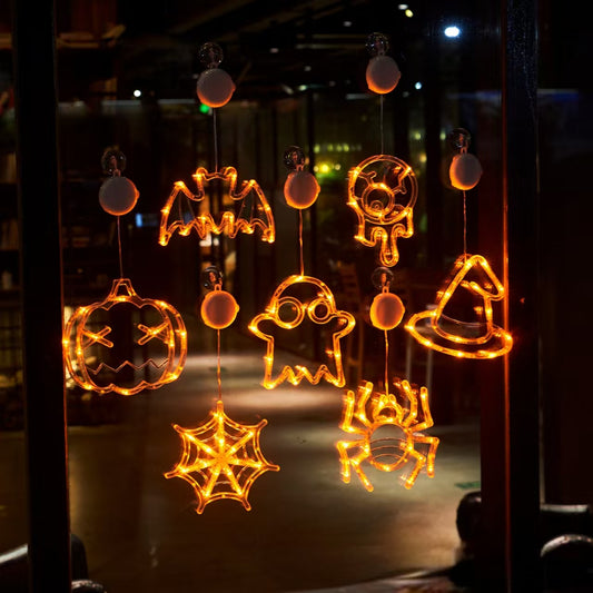 Halloween LED Hanging Window Lights, Halloween-Themed Decorative Lights with Suction Cups, Battery Operated Indoor Ornaments for Home & Party Decor