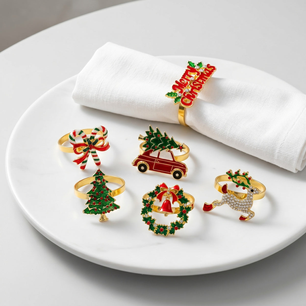 Christmas Metal Napkin Rings, Assorted Xmas Themed Decorative Serviette Holders, Holiday Table Ornaments for Dinner Party Home Table Decor