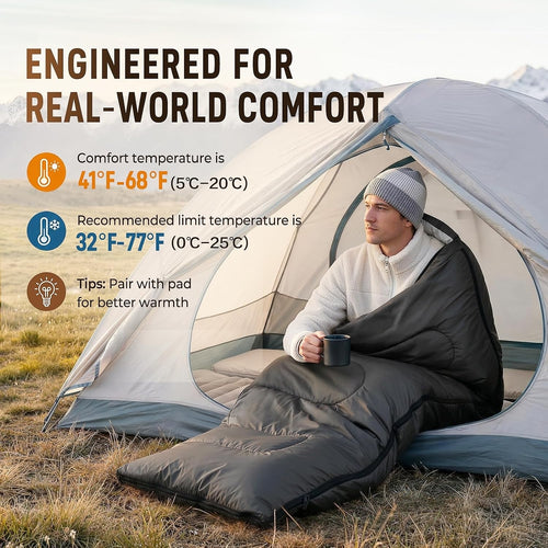 3 Season Warm & Cool Weather - Summer Spring Fall Lightweight Waterproof for Adults Kids - Camping Essentials Gear Accessories Hiking Sleep Must Haves