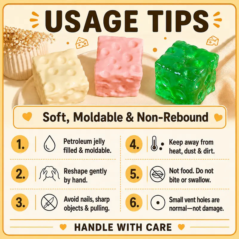 Cheese Cube Squishy Toy - Yellow, Pink, Red & Green, Soft Moldable Petroleum Jelly-Filled Squeeze Ball, 6cm/7cm Squishy Fidgets ASMR Stress Relief Toy for Ages 12+, Unisex Anxiety Relief Sensory Toy