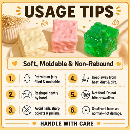 Cheese Cube Squishy Toy - Yellow, Pink, Red & Green, Soft Moldable Petroleum Jelly-Filled Squeeze Ball, 6cm/7cm Squishy Fidgets ASMR Stress Relief Toy for Ages 12+, Unisex Anxiety Relief Sensory Toy