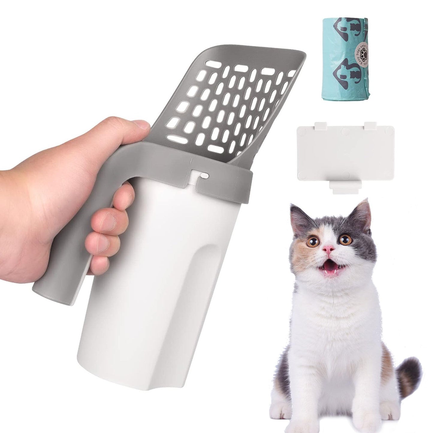 Pooper Scooper for Cat, Cat Litter Scoop with Bags, Integrated Detachable Deep Shovel Holder, Large Capacity Portable