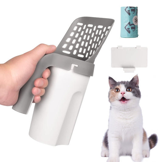 Pooper Scooper for Cat, Cat Litter Scoop with Bags, Integrated Detachable Deep Shovel Holder, Large Capacity Portable