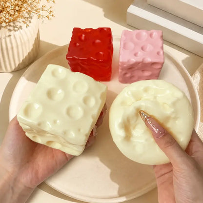 Cheese Cube Squishy Toy - Yellow, Pink, Red & Green, Soft Moldable Petroleum Jelly-Filled Squeeze Ball, 6cm/7cm Squishy Fidgets ASMR Stress Relief Toy for Ages 12+, Unisex Anxiety Relief Sensory Toy